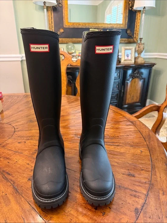 Hunter Black Knee-High Rubber Rain Boots with Logo