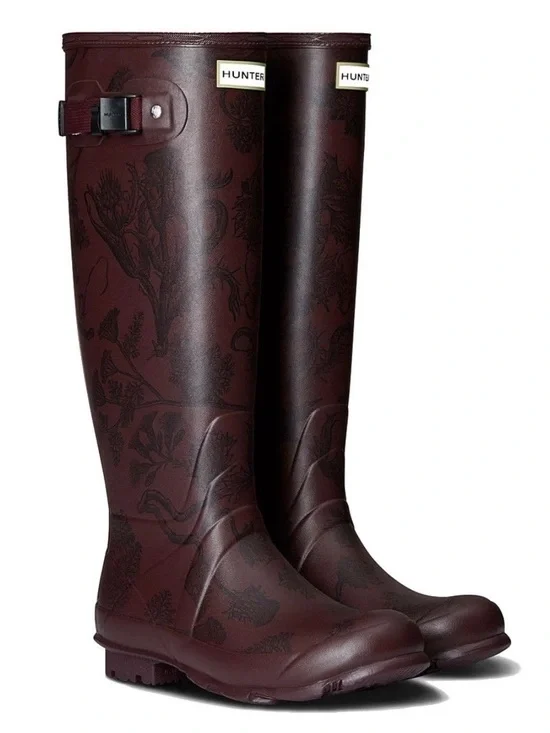 Hunter Women’s Norris Field Printed Tall Rain Boots Burgundy Waterproof Size 7