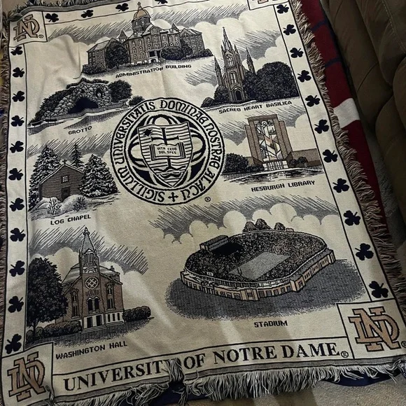 University Of Notre Dame Seal Stadium Tapestry Fringe Throw Blanket 63X49”