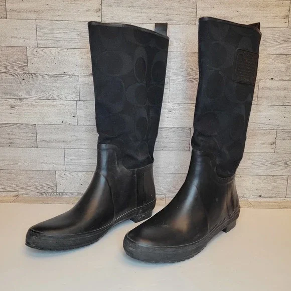 Coach Black Tall Rain Boots with Signature Logo