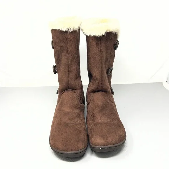 Skechers‎ Australia Womens Suede Faux Fur Boots 9.5 Button Mid Calf Cozy Comfort