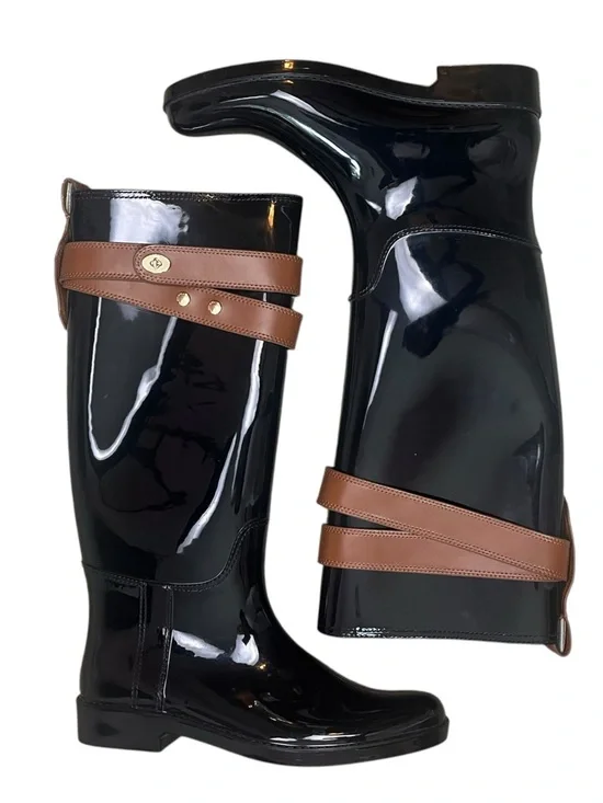 Coach Talia Knee High Rain Boots Size 10 Glossy Black Tall Town Country Preppy