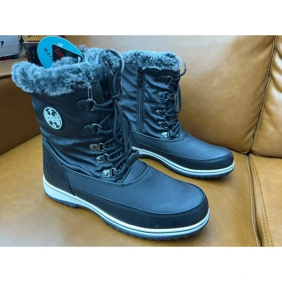 Totes Avery Snow Boots Womens 8 Black New Waterproof Faux Fur Insulated
