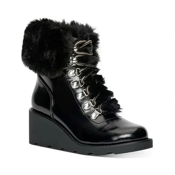 INC Hannia Patent Faux Fur Lace-Up Wedge Booties‎ Black Size 5.5 NIB
