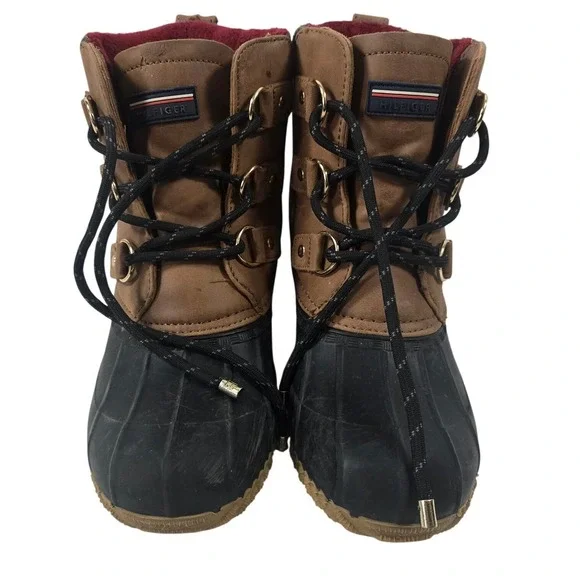 Tommy Hilfiger Womens Duck‎ Boots Tan Black Lace Up Winter Snow Shoes Size 7M