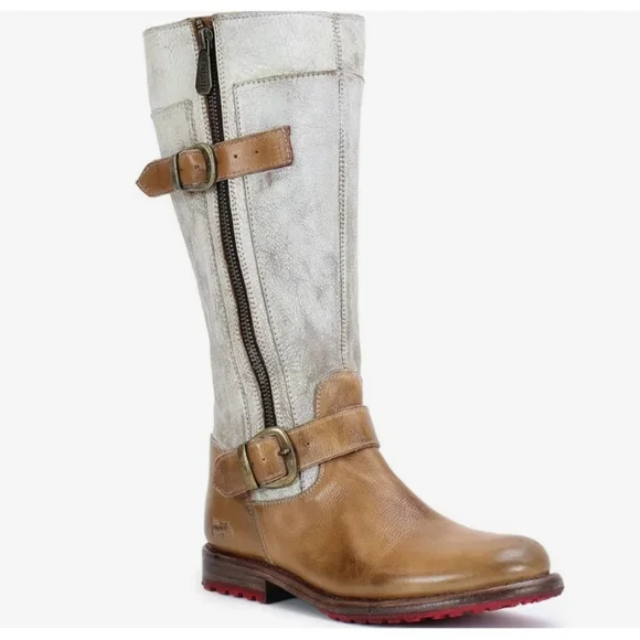 BED‎ STU NIB Gogo Distressed Leather Mid-Calf Boots 8.5 Brown White