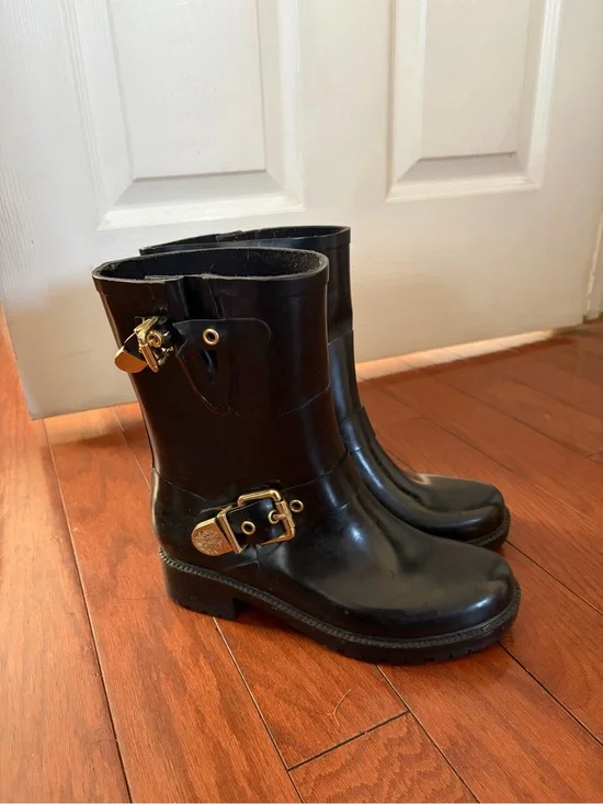Vince Camuto Black Rain Boots with Gold Buckles