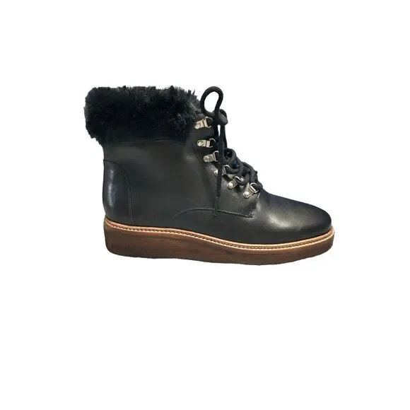 Botkier Mocha Winter Boots Women Size 7.5 Black Genuine Leather Fur Trim Lace Up