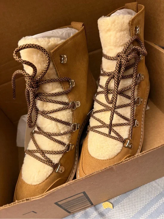 Women’s Faux-Shearling Lace-Up Tan Boots