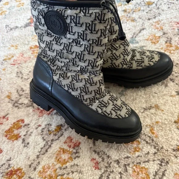 Lauren Ralph Lauren Coree Black Monogram Logo Winter Snow Boots‎ Womens 7 40323