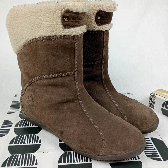 Timberland Waterproof Suede Faux Shearling Boots Brown 17656‎ Womens 11M