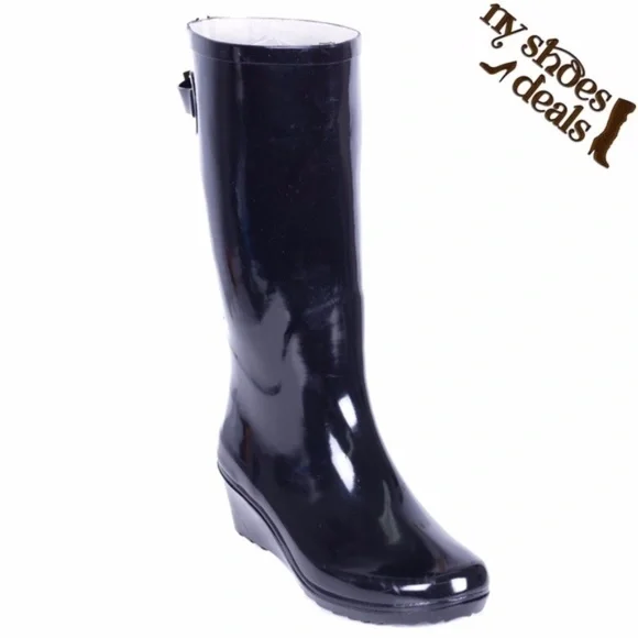 Women's Black Wedge Rubber Rain Boots Wellies