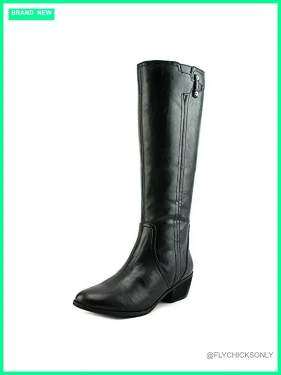 Women's Knee High Riding Boot with Metallic Buckle Detail, Faux Leather
