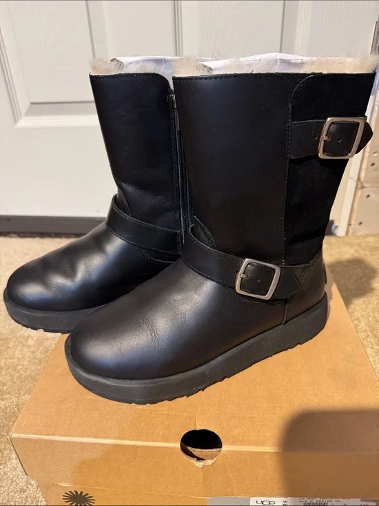 UGG Black Leather Mid-Calf Buckle Boots