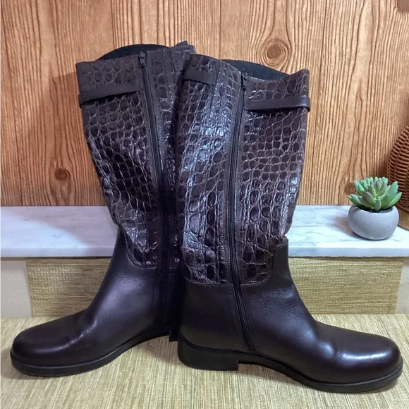 Clarks Hopedale Dark Brown Croc-Embossed Leather Heeled Boots
