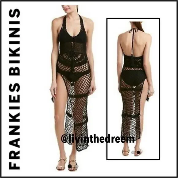 Frankies Bikinis Black Crochet Sunrise Cover Up Dress SZ L $250