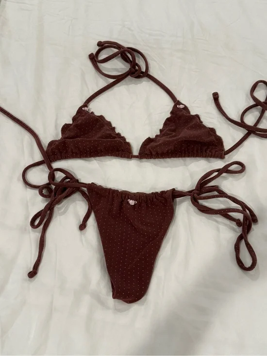 Frankie's Bikinis Brown Dotted Tie-Side Triangle Bikini
