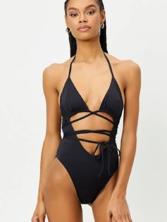 Frankie's Bikinis Black Strappy Halter One-Piece Swimsuit