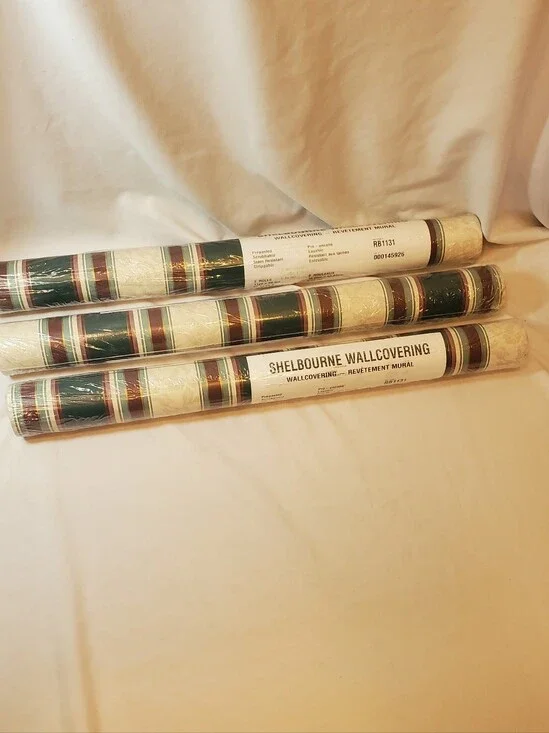 Shelbourne Vtg Striped Green Cream Wallpaper Double Roll 56.37 Sq Ft, Lot Of 3