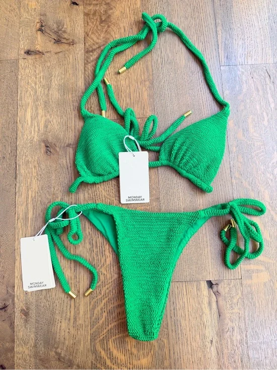 Monday Swimwear Green Textured Tie Bikini