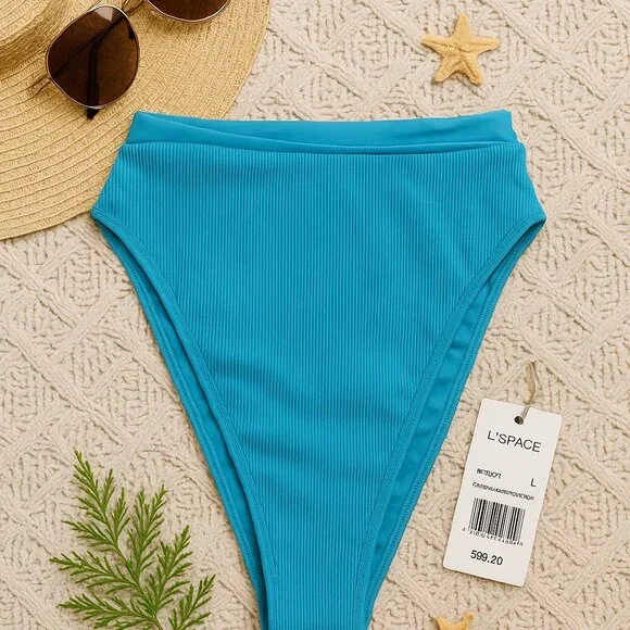 NWT L*Space French Bottom Bitsy Bikini – Aqua Ribbed High Cut Swim Bottom M