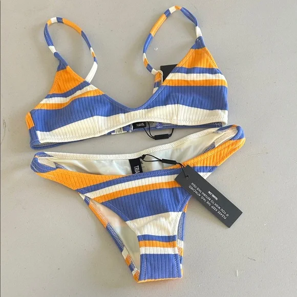 triangl swimwear Blue & Orange Striped Ribbed Bikini Set