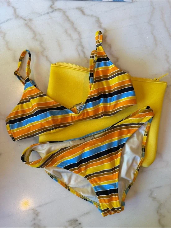 Beautiful triangl swimwear Yellow Orange Blue Striped Bikini top (s) Bottom (xs)