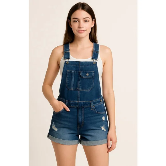 Machine Dark Wash Denim Overalls Shorts Blue Distressed Lg‎ Cabincore Fisherman