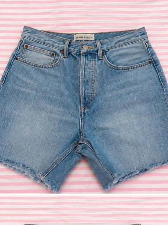 denim forum high rise distressed denim shorts