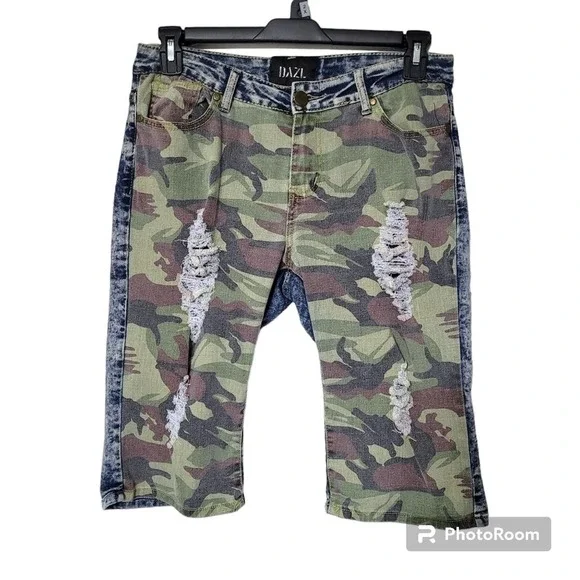 Dazl Two Toned Green Camouflage Distressed Front Acid Wash‎ Blue Denim Back 13