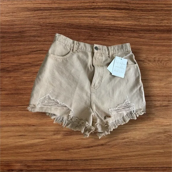 NWT Mumu Denim Shorts Distressed Frayed Hem High Waist Casual Tan Sz 29  6/8‎