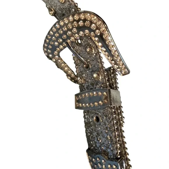Sparkling Rhinestone Embellished Belt Silver‎ Buckle Glam Western Style