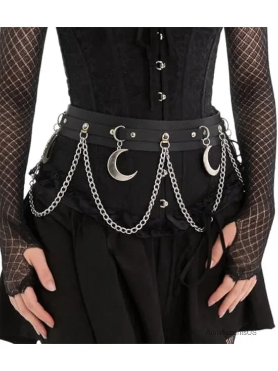 Faux Leather Chain Waist Belt with Moon Charm Punk Gothic