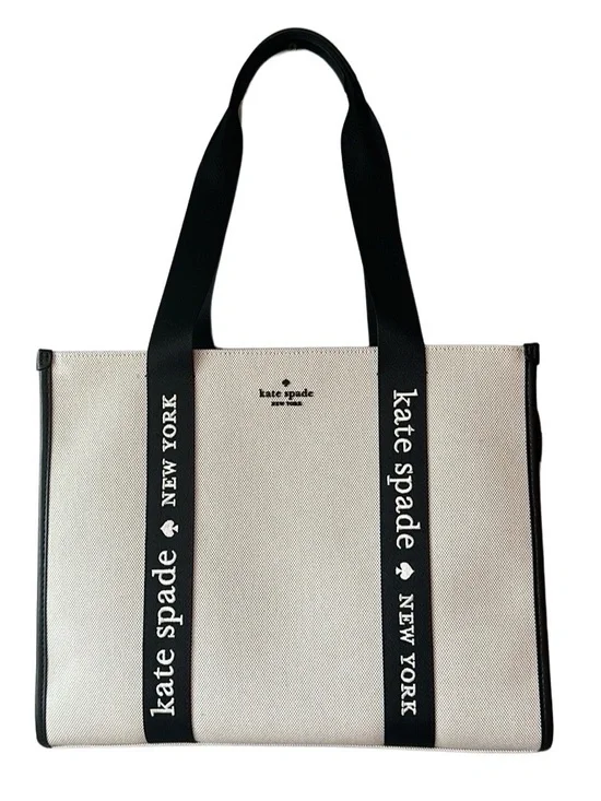 kate spade Cream and Black Logo Strap Canvas Tote