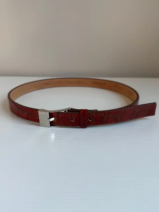 Vintage DKNY Embossed Red Calf Leather Belt Silver Buckle USA Ladies Small