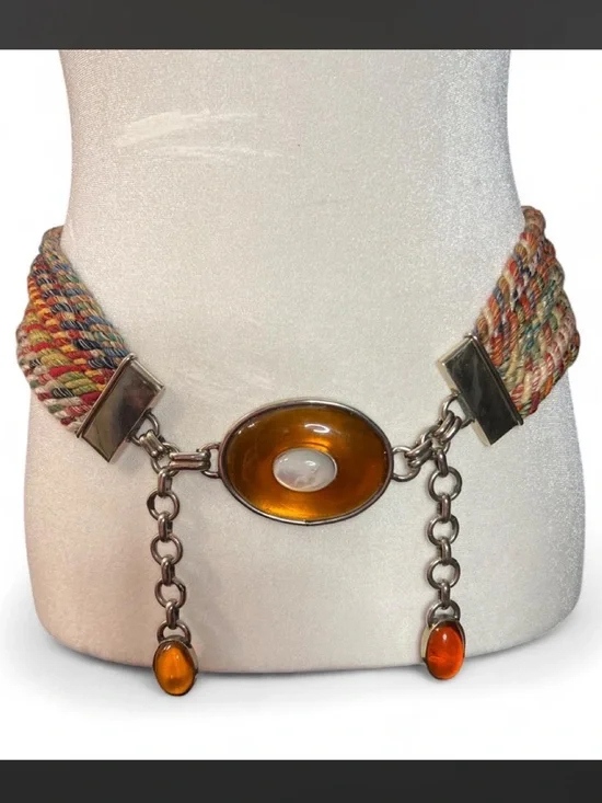 Vintage Perez Sanz Multicolor Rope Belt with Amber resin medallion