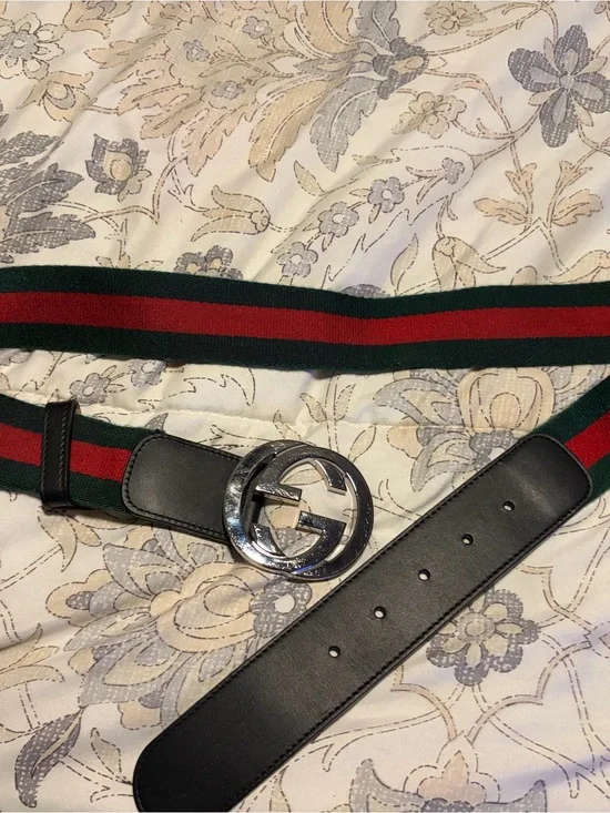 Gucci Black Leather Belt with Green and Red Web Stripe and Silver GG Buckle