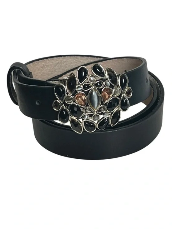 Vintage Liz Claiborne Genuine Leather Thin Black Belt Jeweled Buckle Boho Glam