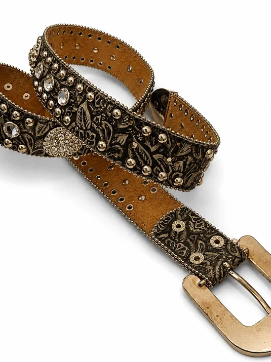Embellished Floral Leather Belt With Silver Buckle
