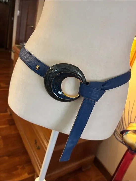 Vintage Alexis Kirk Blue Statement Belt with Round Gold and Blue Swirl Buckle