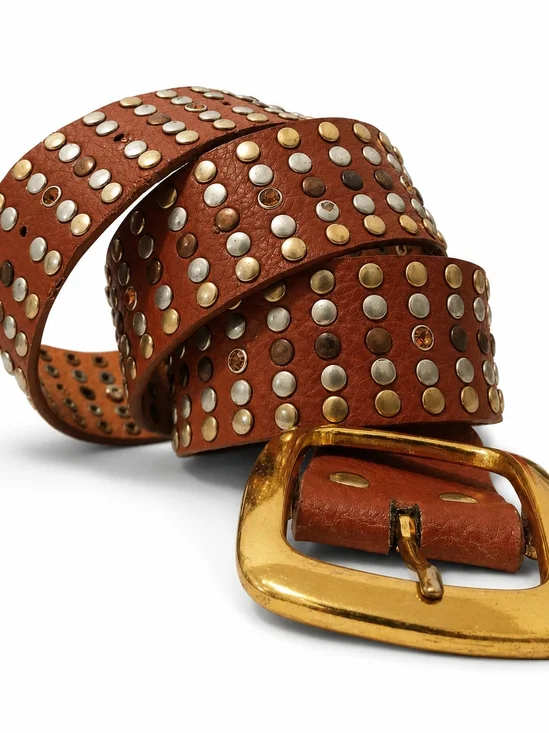 Studded Brown Leather Men's Belt with Gold Buckle