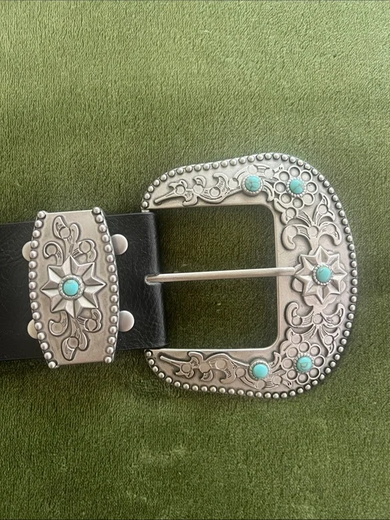 Western Turquoise Concho Belt with Ornate Silver Buckle