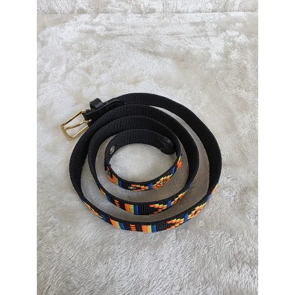 Woven Geometric Boho Belt Black Webbing‎ Orange Blue Yellow Embroidery
