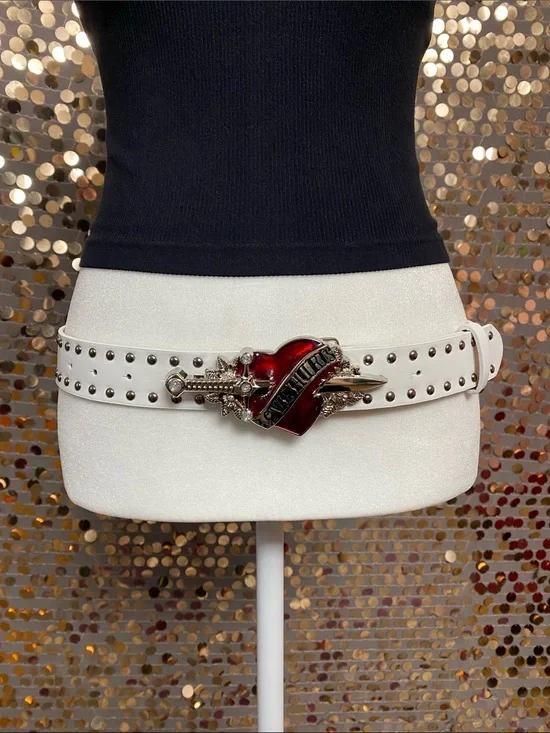 White studded belt with red and silver heart buckle #475