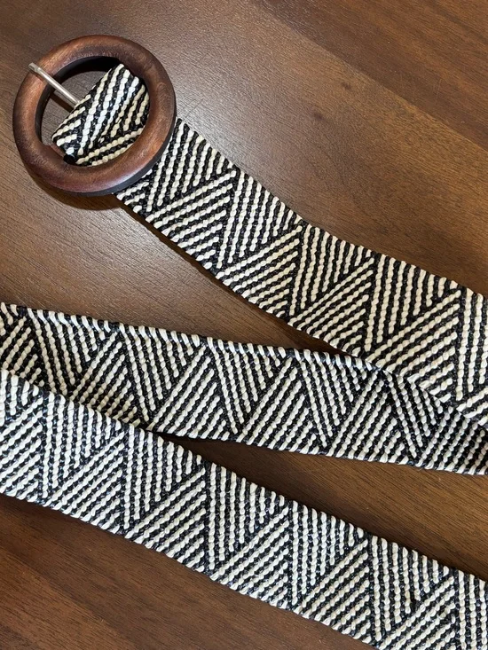 Woven straw belt with wooden buckle, approximately 36
