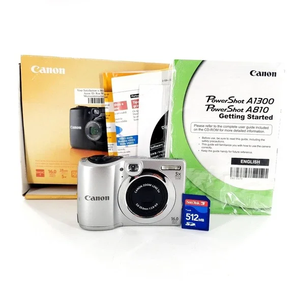 Canon PowerShot A1300 16.0MP Digital Camera Silver w/ Memory Card & Box Tested