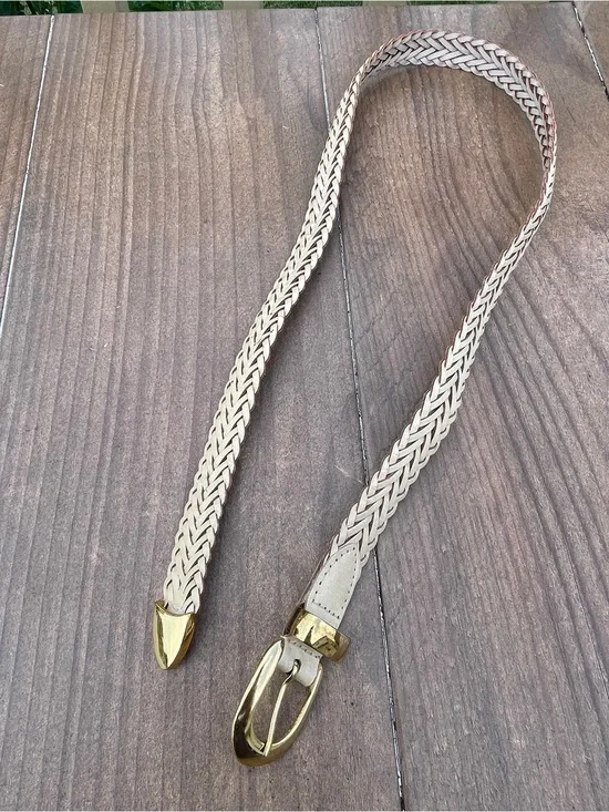 Women's Large Cream Genuine Leather Braided Belt W/ Brass Buckle ML