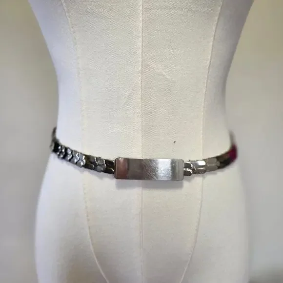 Vintage 80s Silver-Tone Stretch Belt Sleek Rectangular Metal Buckle Elastic Punk