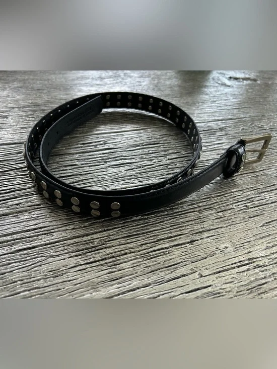 White House Black Market Black Leather Studded Belt with Silver Buckle NEW