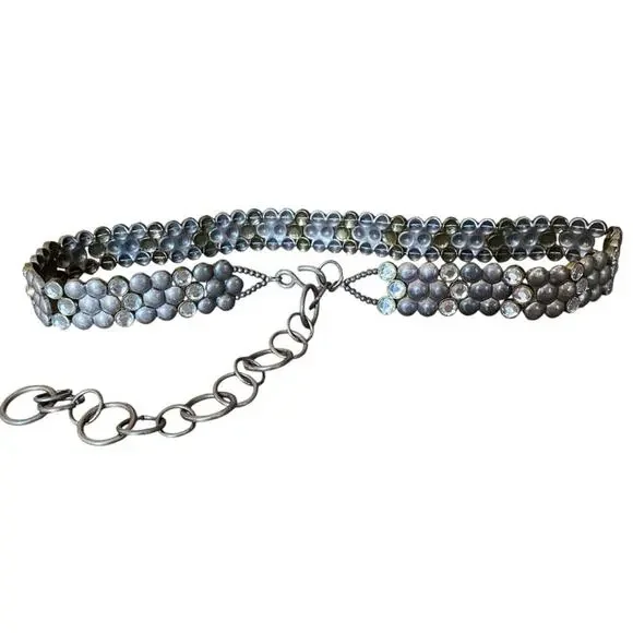 Chico’s Antique Tone Brass Silver Chrystal chain Waist belt One size